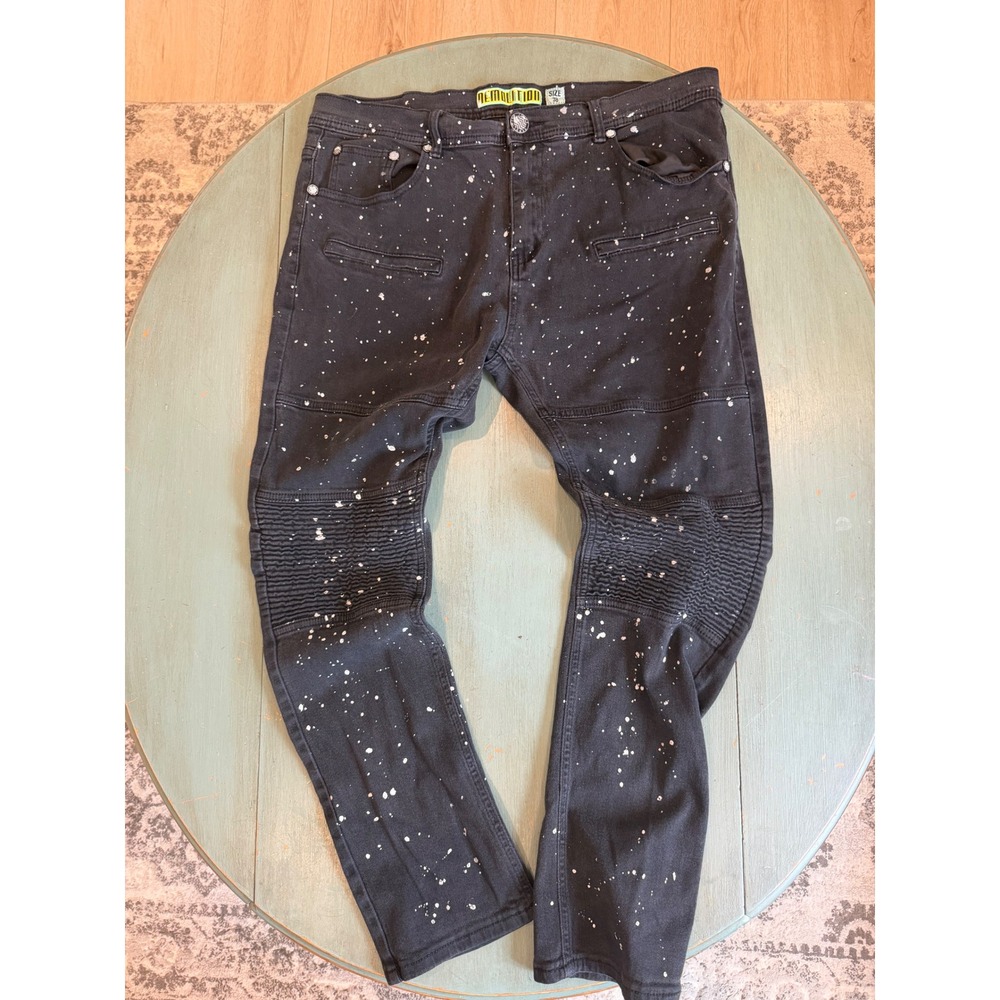 Demolition Mens Black Paint Splatter Biker Moto Jeans 38x32 Slim Fit Stretch‎